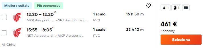 Esempio offerta da € 461 per volo a Tokyo